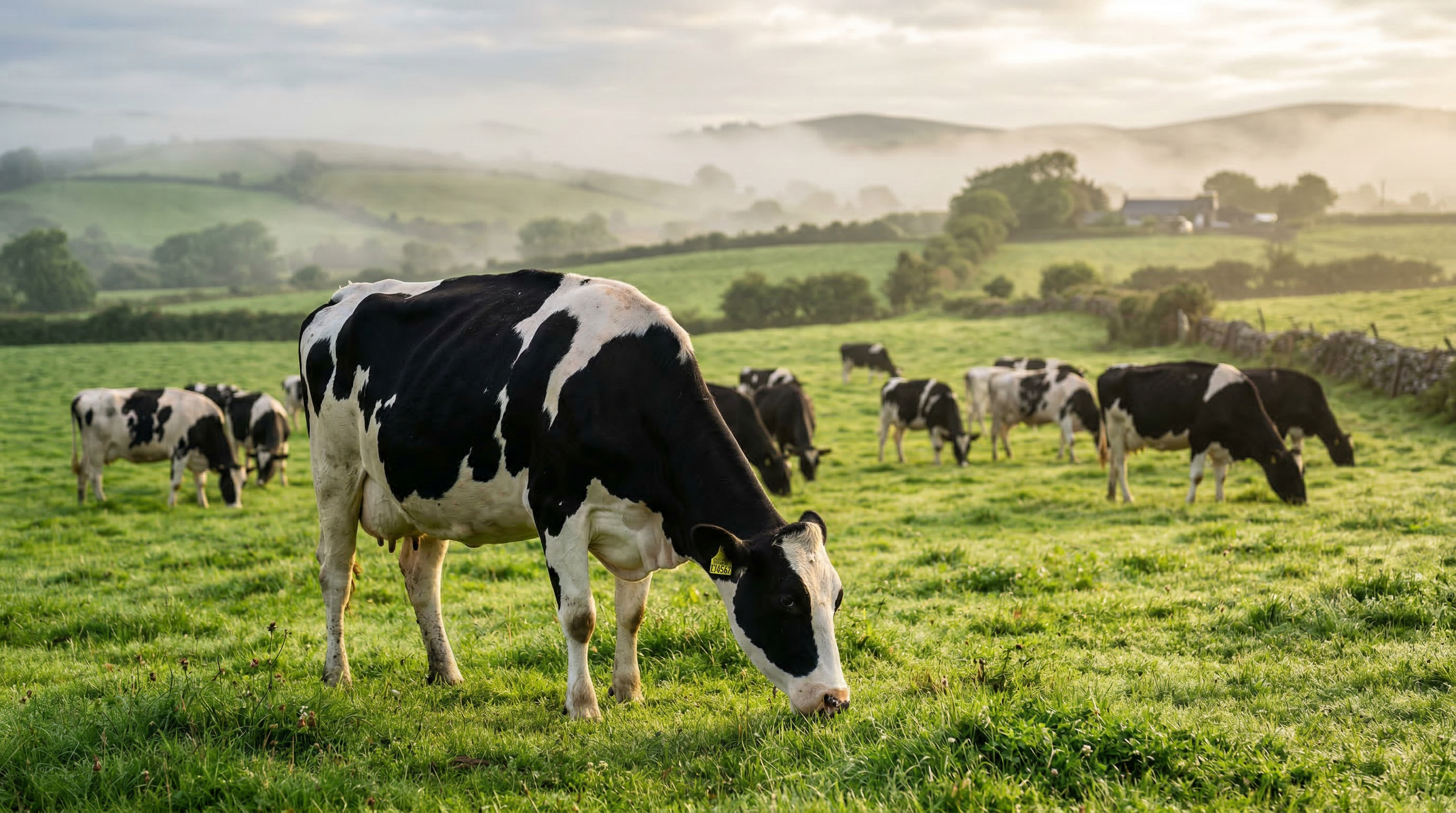 Holstein Friesian dairy cows grazing on green pasture