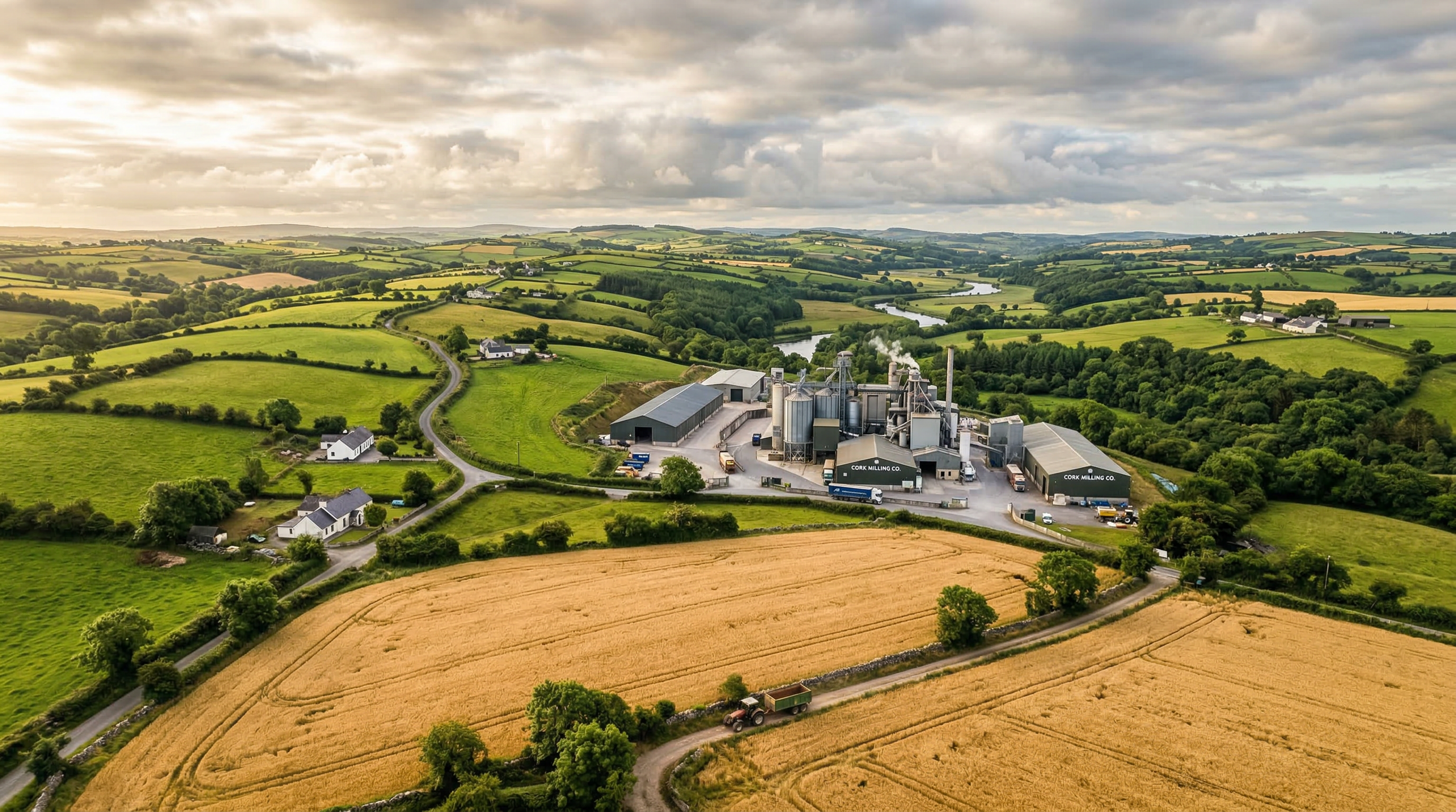 Aerial view of Irish farmland with Southern Milling facility