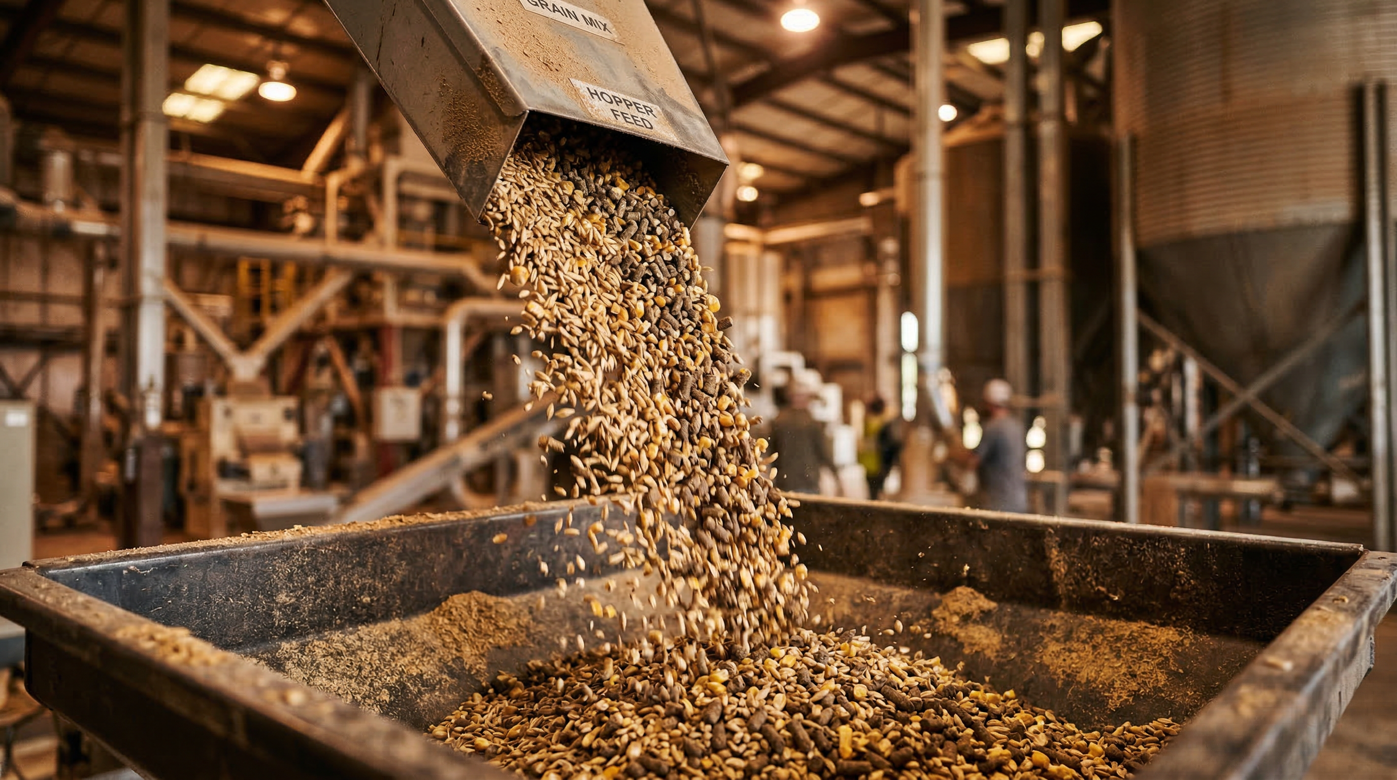 Grain and feed pellets in a milling facility